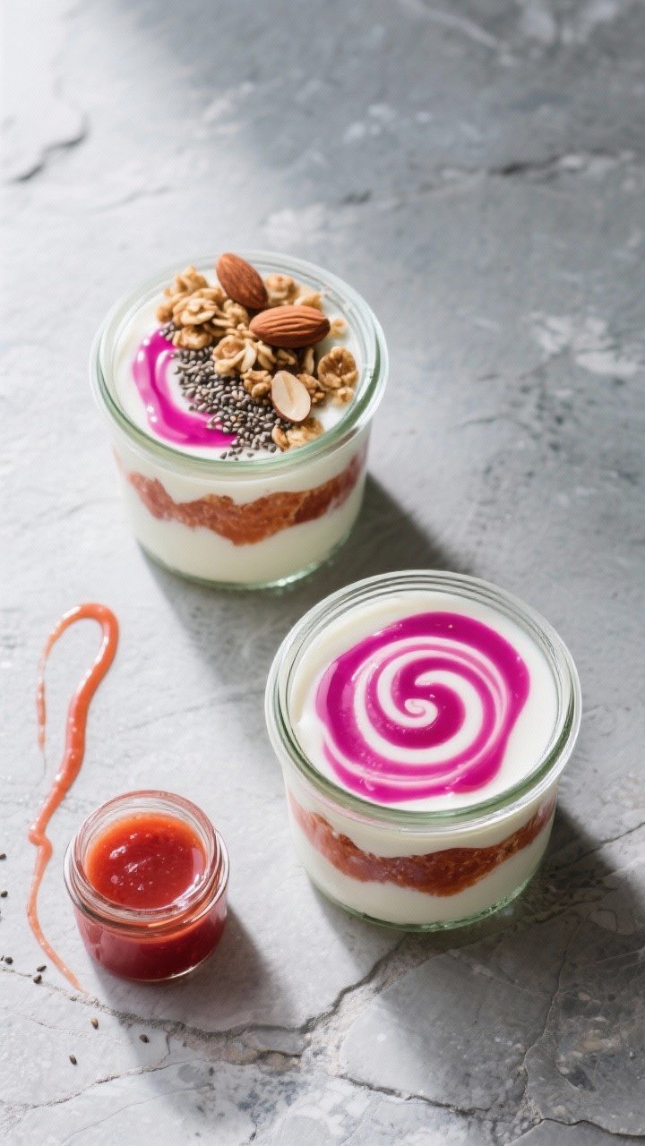 Tasty top view: Overhead shot of two breakfast parfait jars layered with yogurt, blood orange sauce,