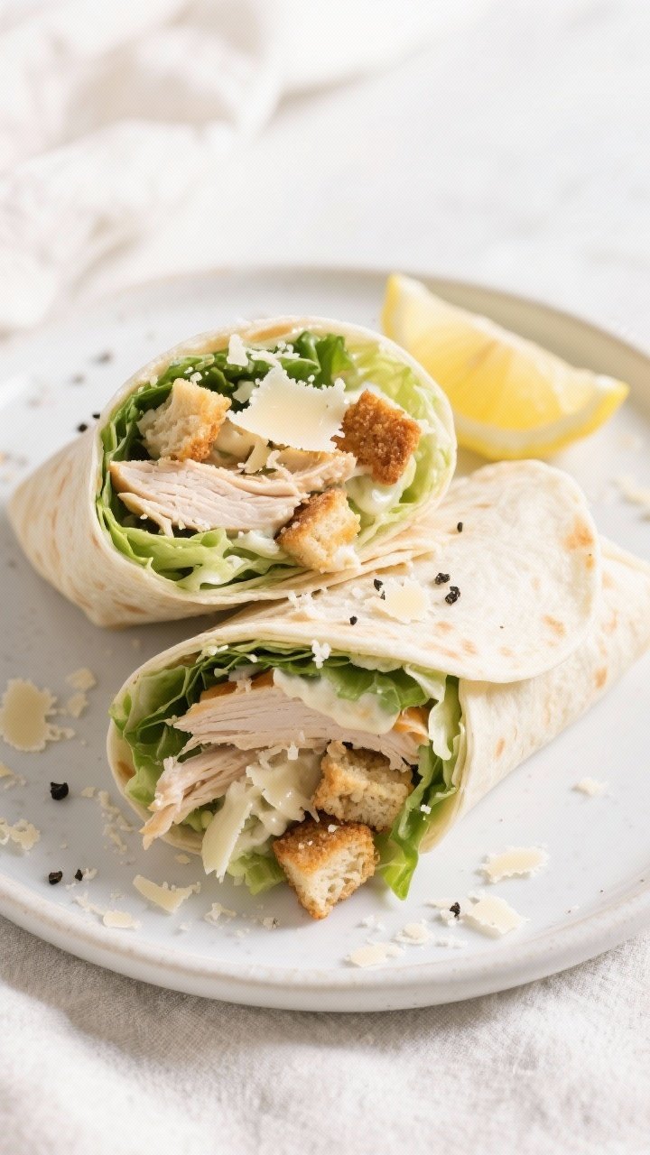 Tasty top view: Overhead shot of two Chicken Caesar Salad Wraps sliced on the diagonal, stacked slig