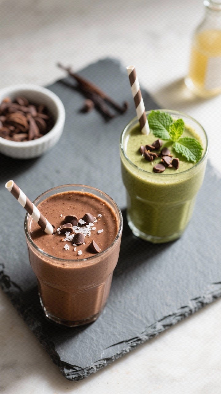 Tasty top view: Overhead shot of two finished Brownie Batter Smoothies side by side—one classic an
