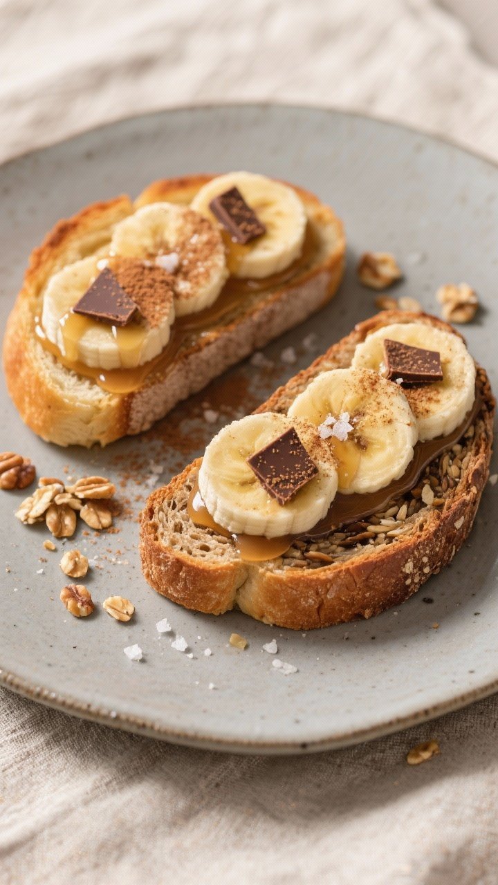 Tasty top view: Overhead shot of two finished dessert toasts—one on brioche, one on multigrain—a