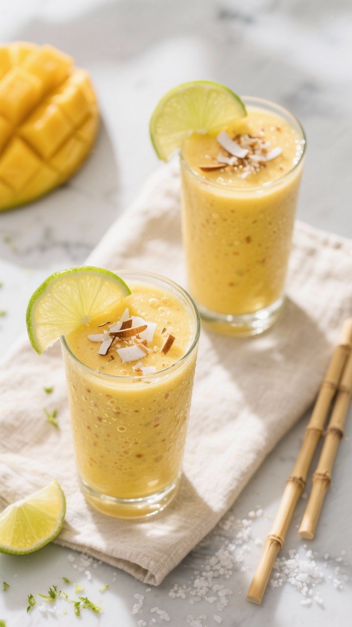 Tasty top view: Overhead shot of two finished Mango Pineapple Paradise smoothies in clear highball g