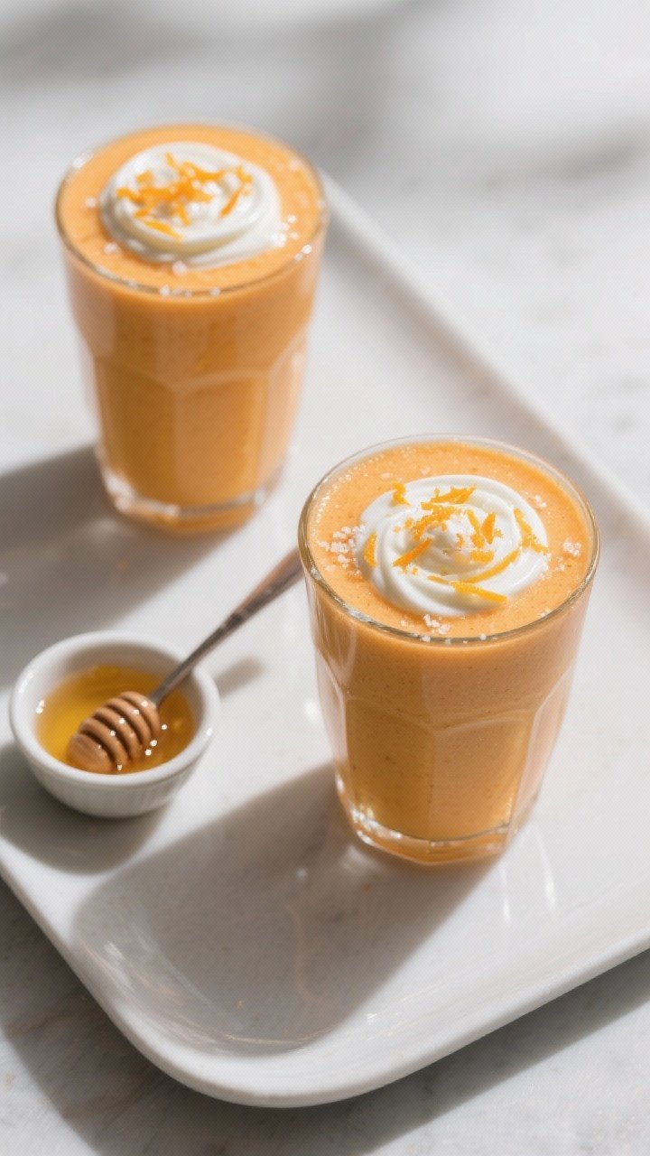 Tasty top view: Overhead shot of two finished Orange Creamsicle Smoothies on a matte white tray, smo