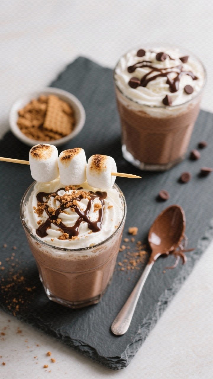 Tasty top view: Overhead shot of two finished S’mores Smoothies on a cool slate board—both with 