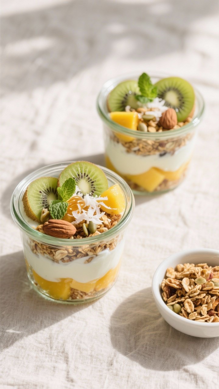 Tasty top view: Overhead shot of two finished Tropical Fruit Yogurt Granola Cups in clear jars, show