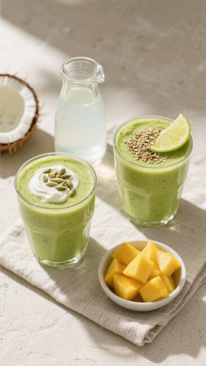Tasty top view: Overhead shot of two finished tropical green smoothies in short, wide glasses, vibra