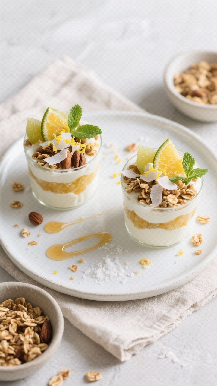 Tasty top view: Overhead shot of two finished Ugli Fruit Yogurt Parfaits on a white ceramic plate, n