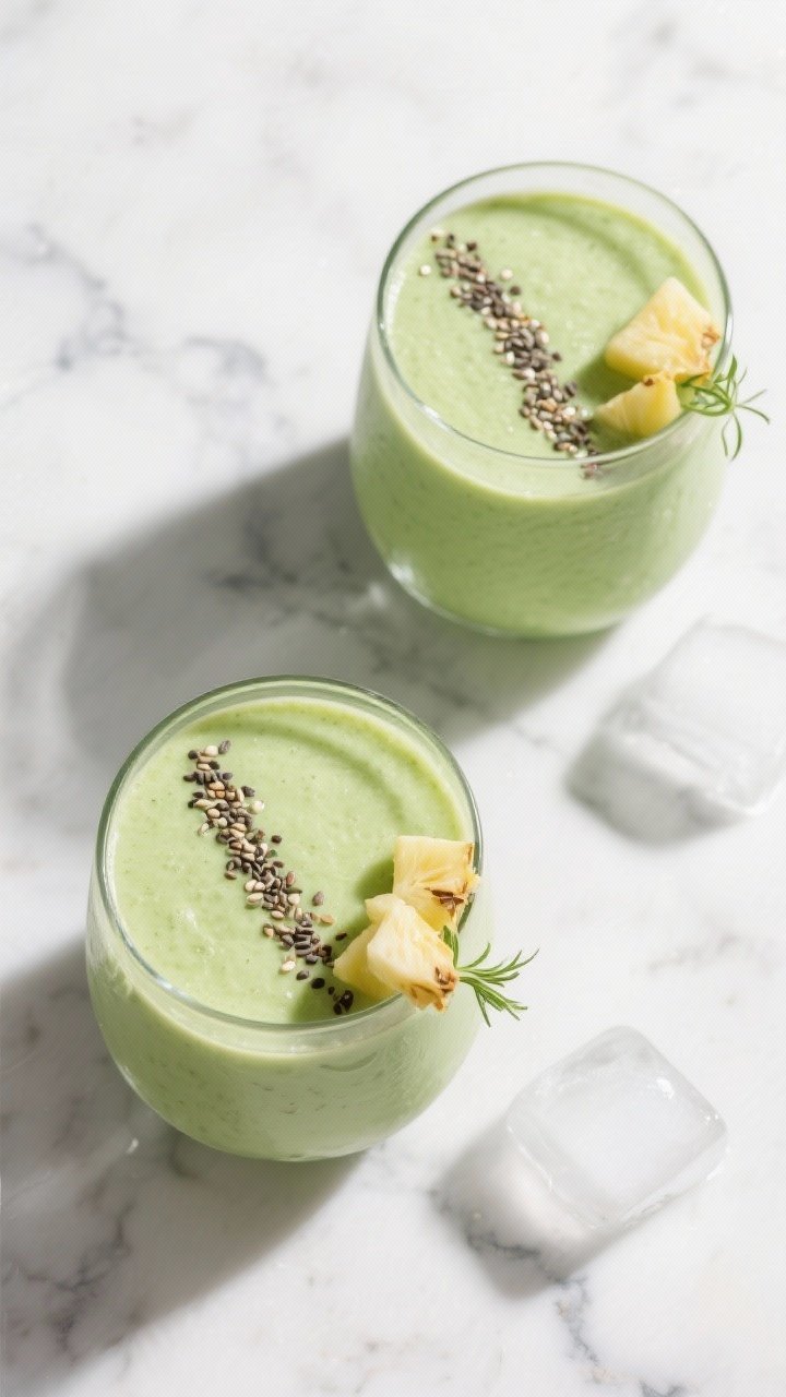 Tasty top view: Overhead shot of two glasses of the finished Green Monster Smoothie showing a unifor