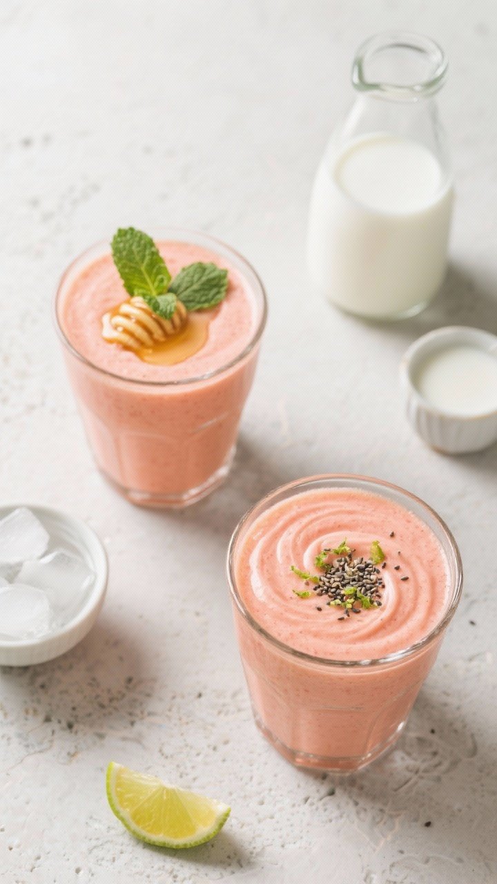 Tasty top view: Overhead shot of two guava yogurt smoothies on a light stone surface, one classic an