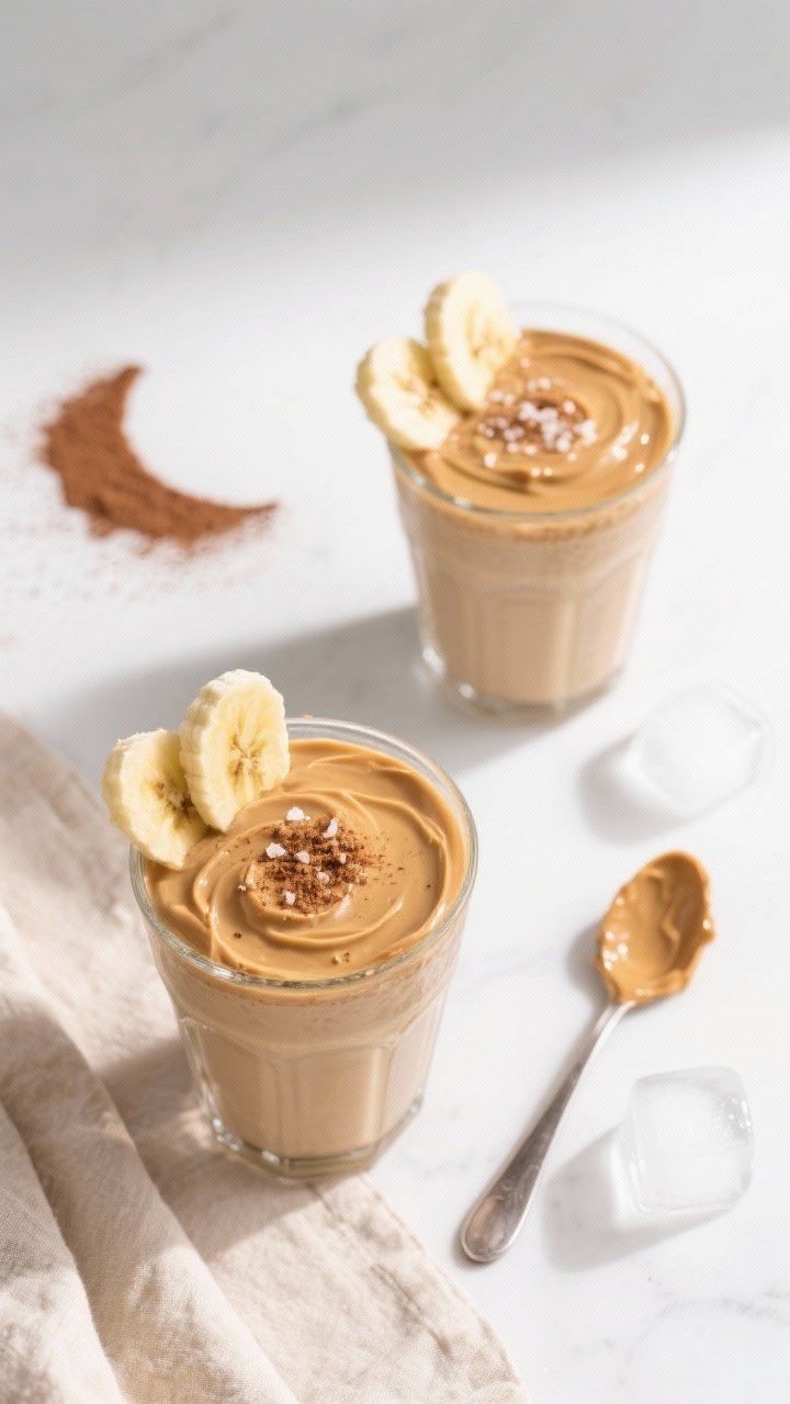 Tasty top view: Overhead shot of two Peanut Butter Banana Shakes in short tumblers, topped with a sm