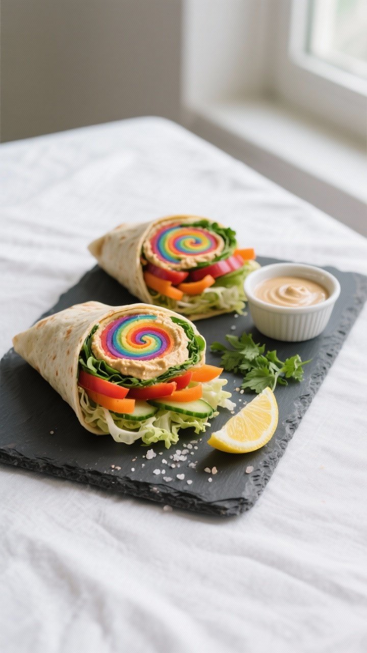 Tasty top view: Overhead shot of two Rainbow Veggie Wraps sliced into neat pinwheels and arranged on