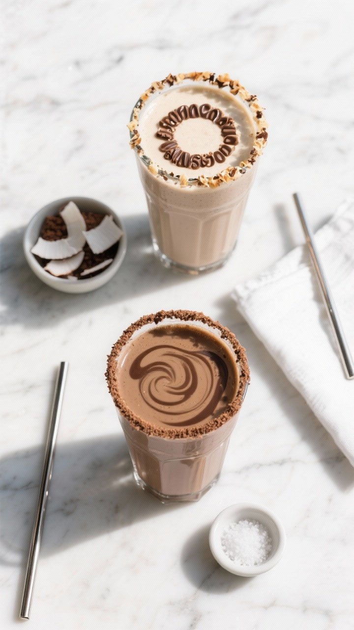 Tasty top view: Overhead shot of two Samoa Smoothies—one classic and one “mocha version” with 