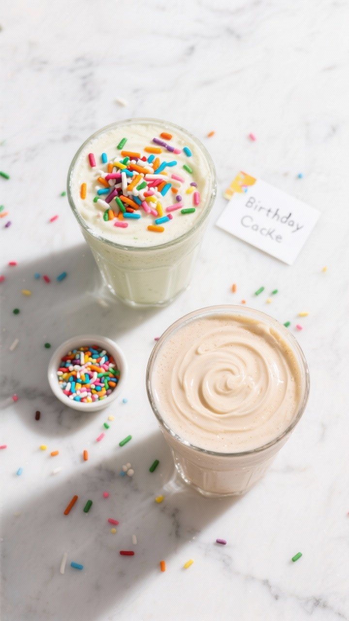 Tasty top view: Overhead shot of two variations of the Birthday Cake Smoothie on a white marble surf