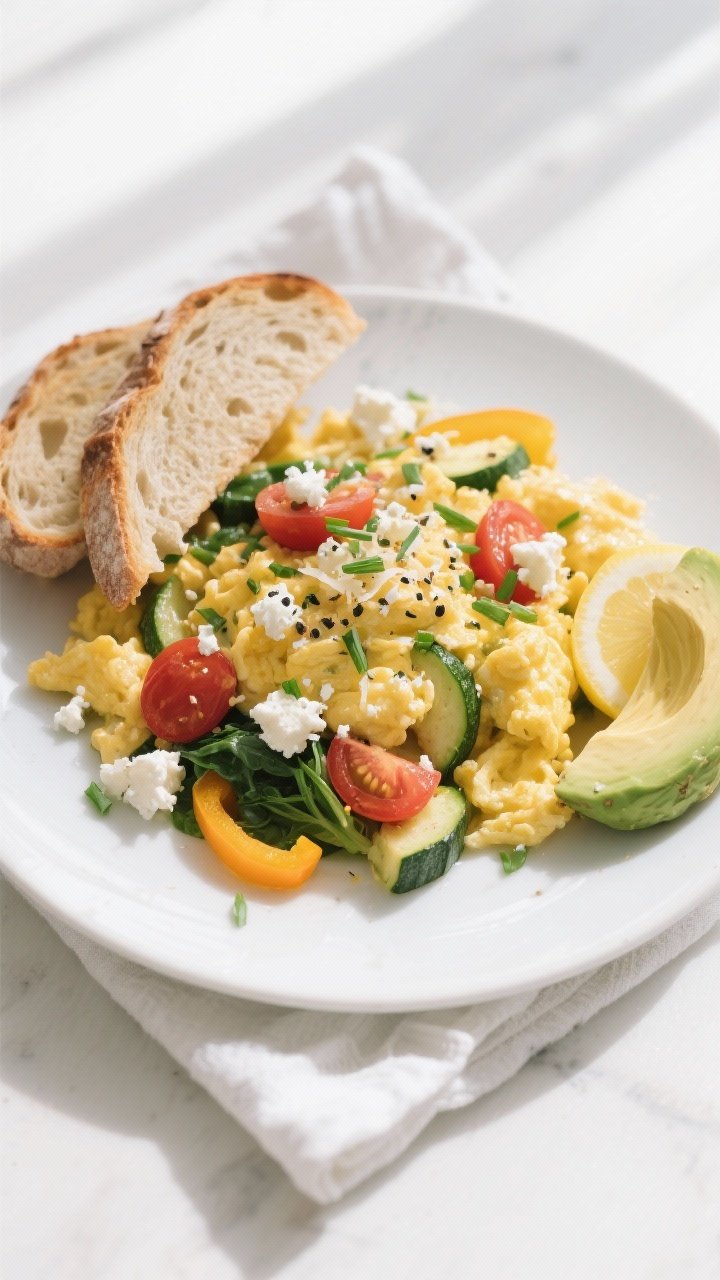 Tasty top view: Overhead shot of veggie-loaded scrambled eggs plated on a matte white dinner plate, 