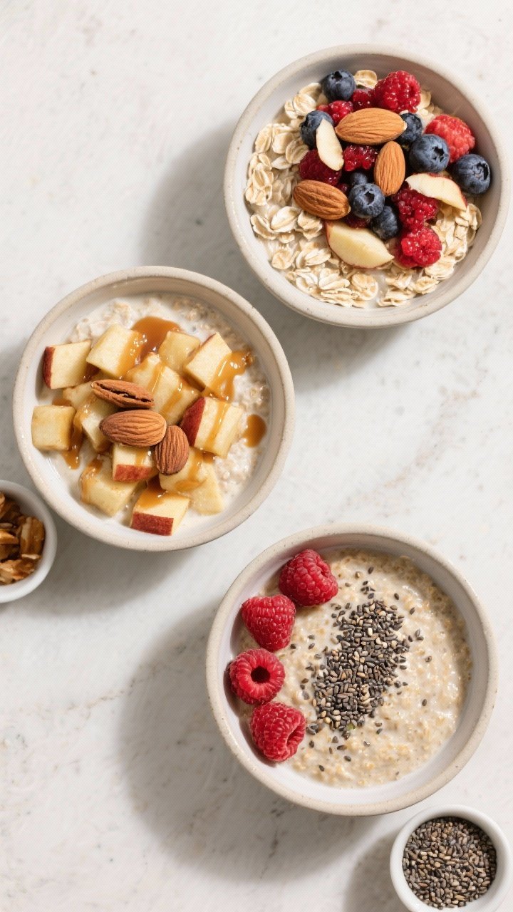 Tasty top view, overhead shot: Overhead of three variation bowls for visual variety—Berry Almond (