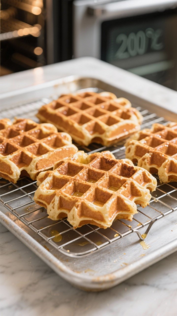 Tasty top-view + process: Overhead shot of a batch of finished waffles resting on a wire rack set ov