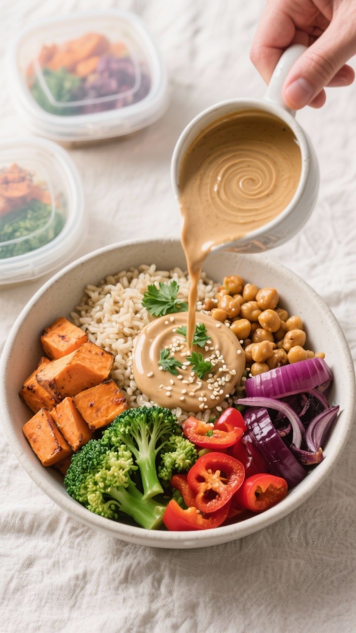 Tasty top-view process shot: Overhead shot of bowl assembly on a clean linen background—sections o