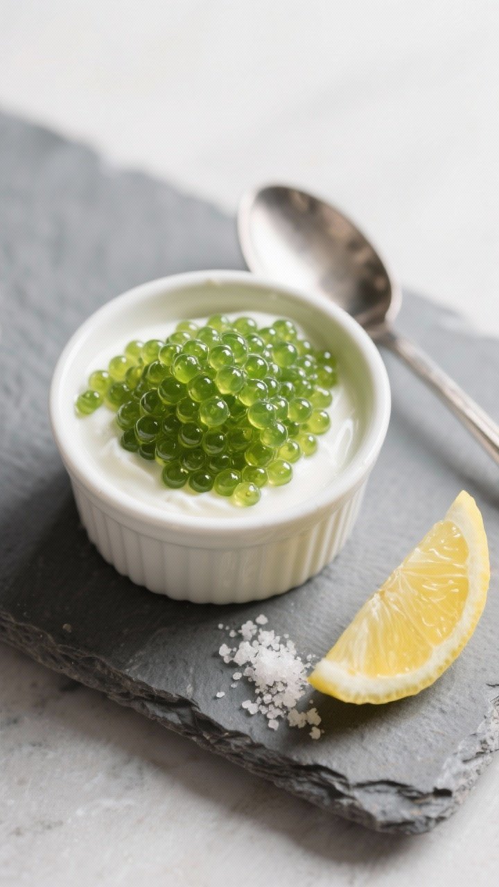 Tasty top-view shot: Overhead image of a small ramekin filled with freshly rinsed and chilled finger