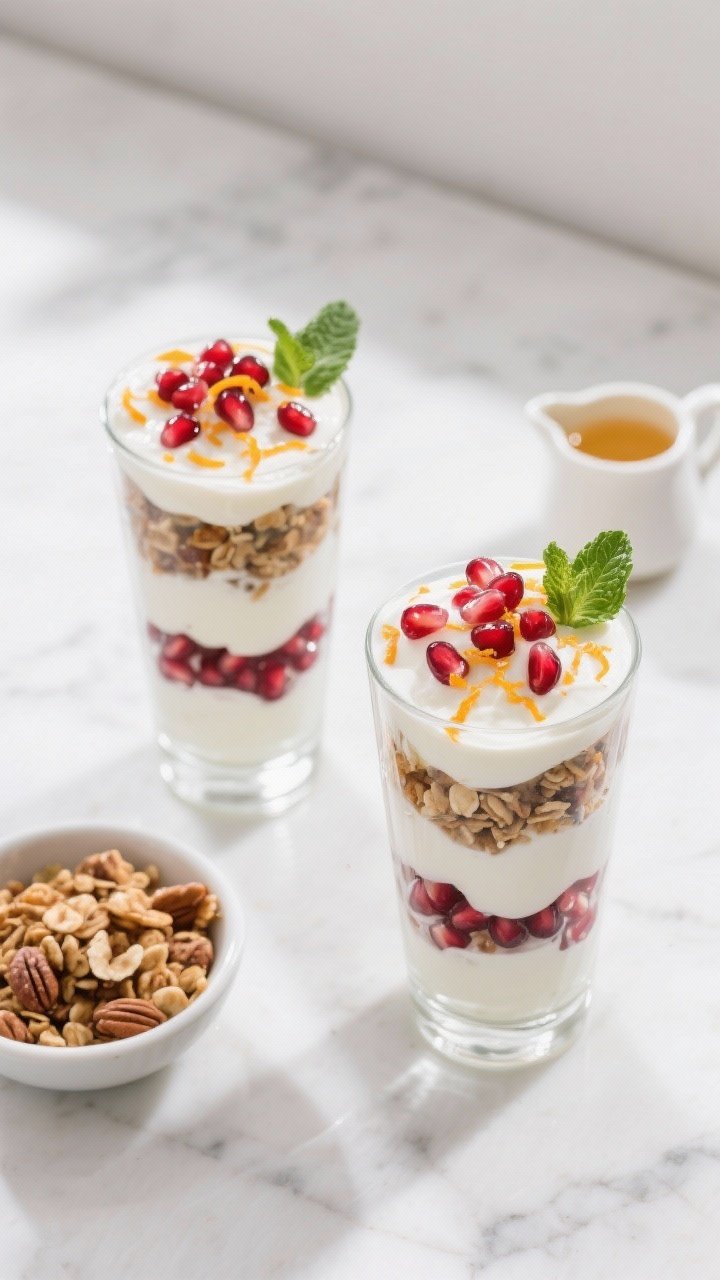 Tasty top-view shot: Overhead image of two fully assembled pomegranate yogurt parfaits in tall clear