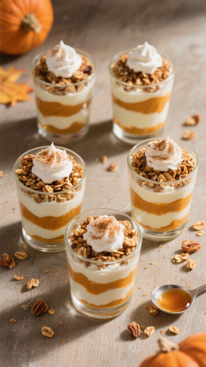 Tasty top-view shot: Overhead of four assembled Pumpkin Pie Yogurt Parfaits in 8-ounce glasses, show