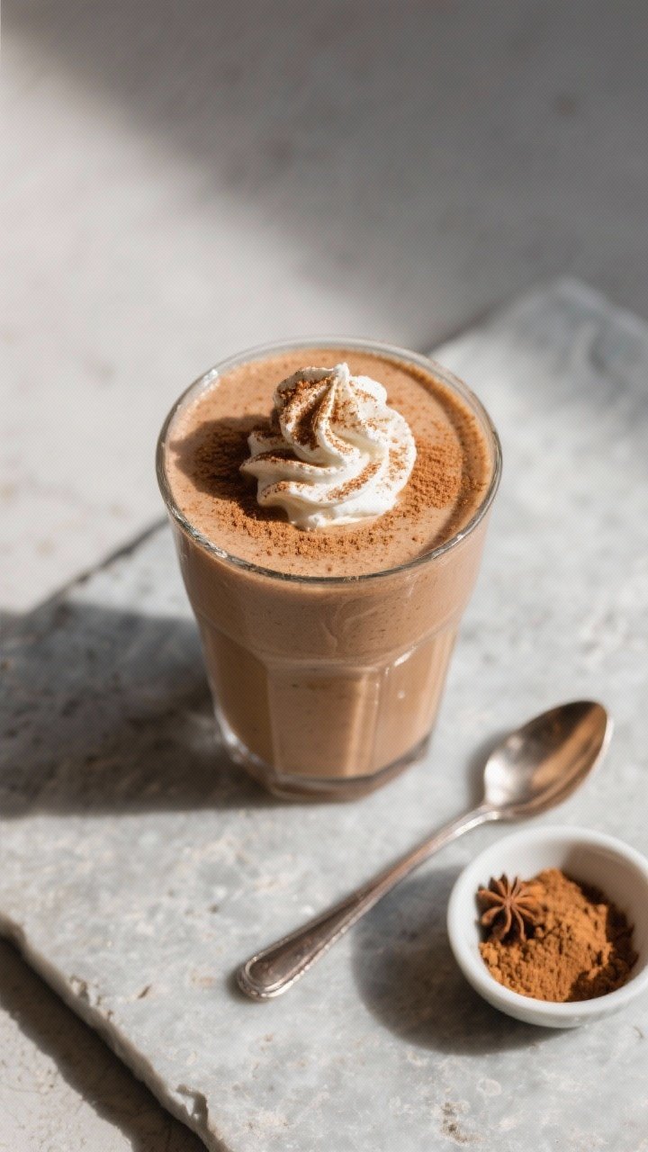 Tasty top-view shot: Overhead of the finished Gingerbread Smoothie in a short tumbler, topped with a