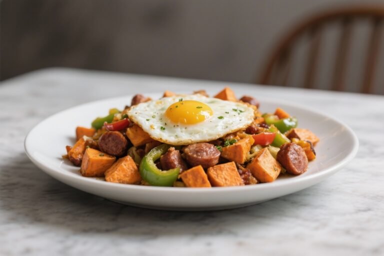Sweet Potato Breakfast Hash – Eggs, Sausage & Peppers