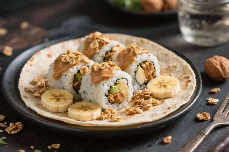 Breakfast Sushi Rolls – Nut Butter, Banana, Granola in Tortilla