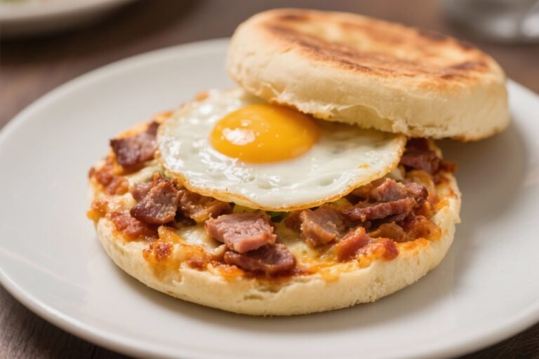 Breakfast Pizza on English Muffin – Meat Lovers