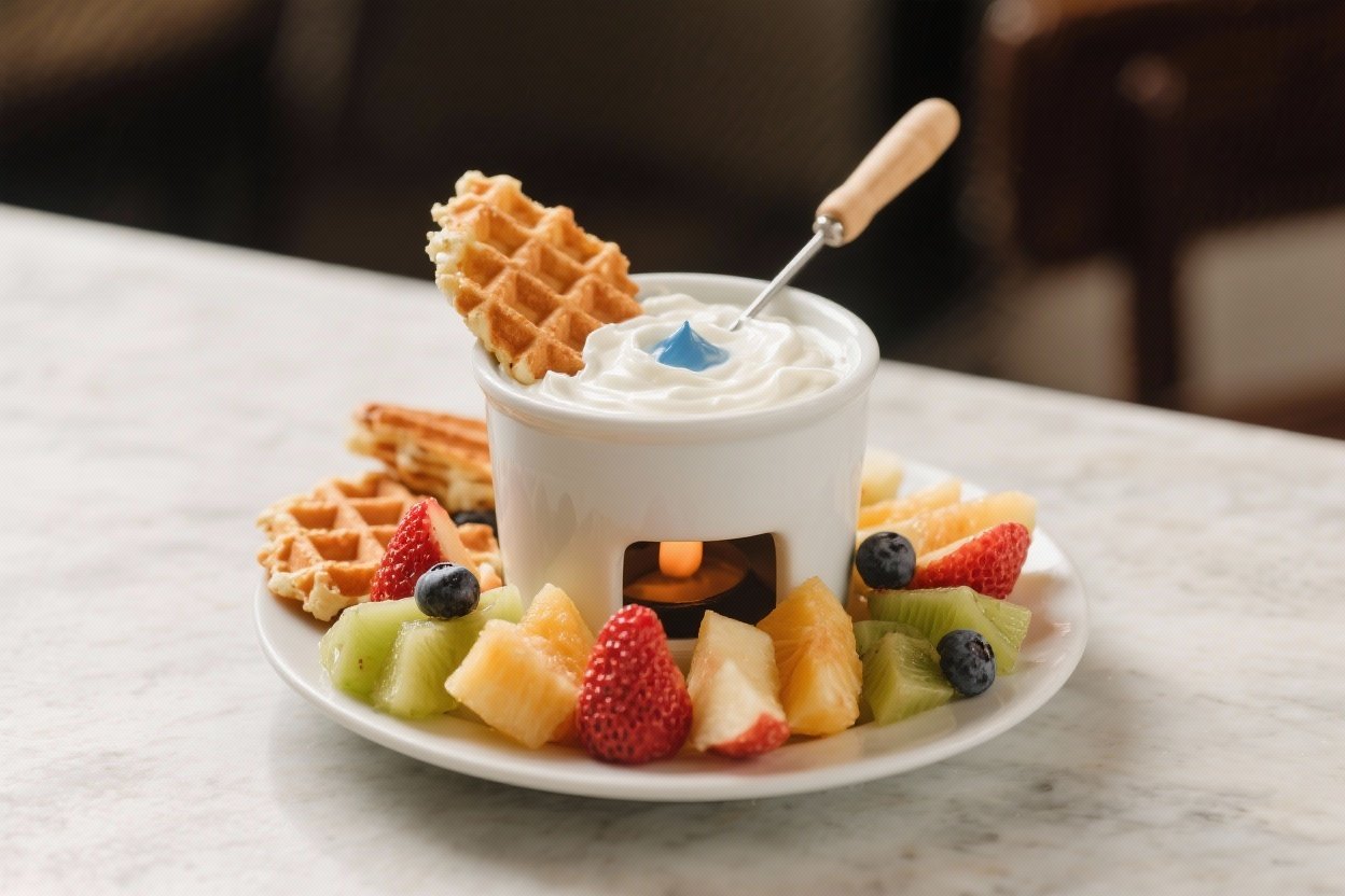 Greek yogurt dip with fruit and waffle dippers