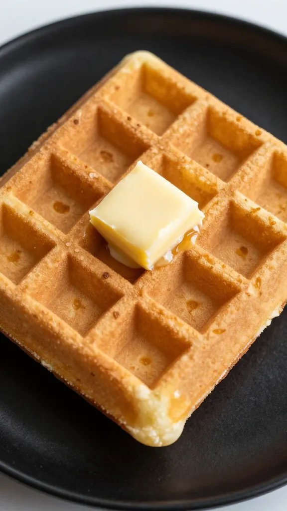 closeup of buttered waffle on matte black plate
