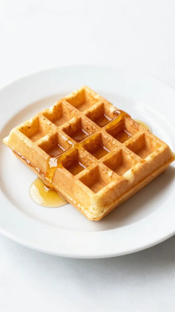 golden waffle with honey drizzle, white ceramic plate
