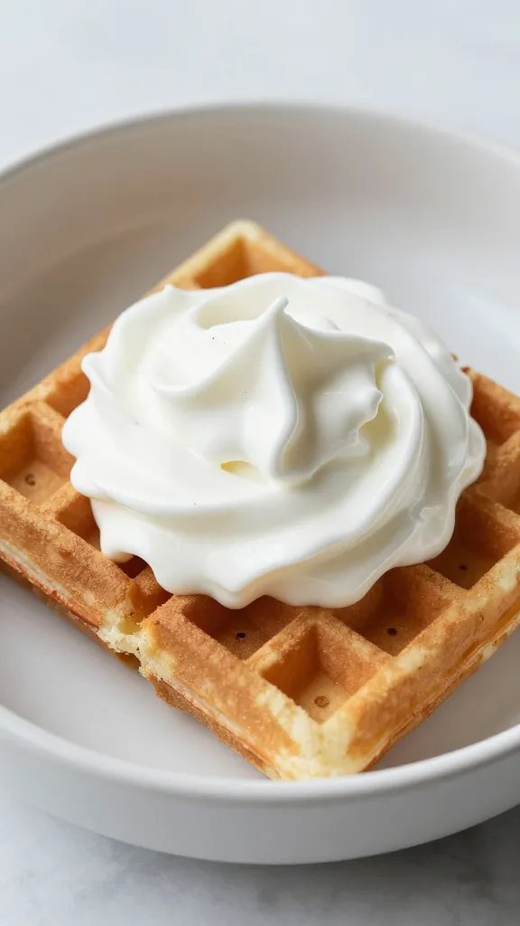 waffle topped with Greek yogurt swirl, shallow bowl