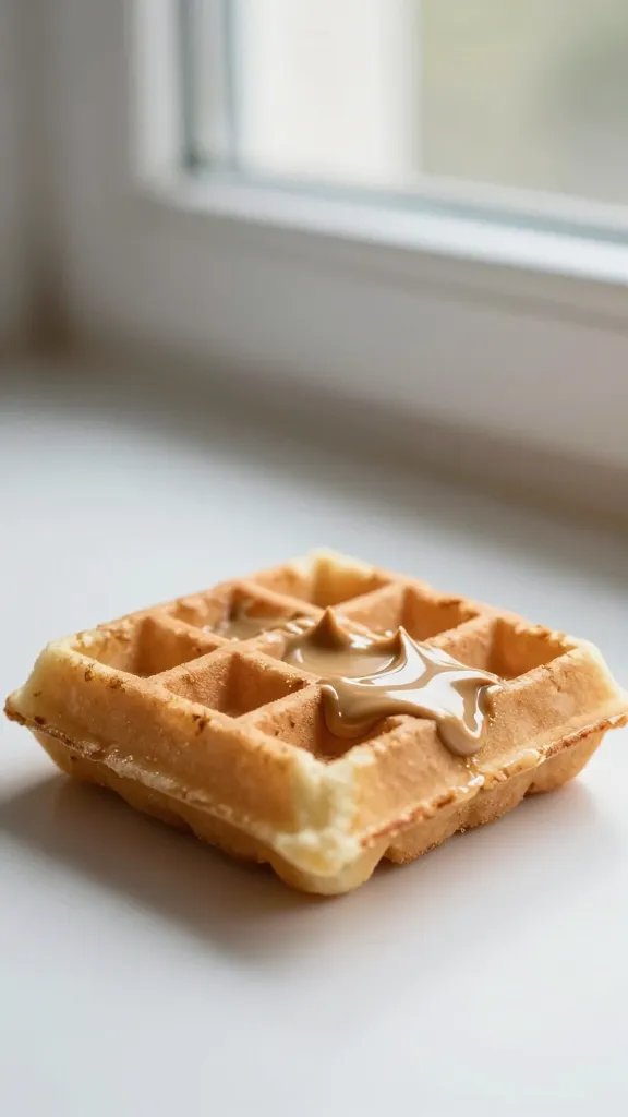 peanut butter on warm waffle, soft window light