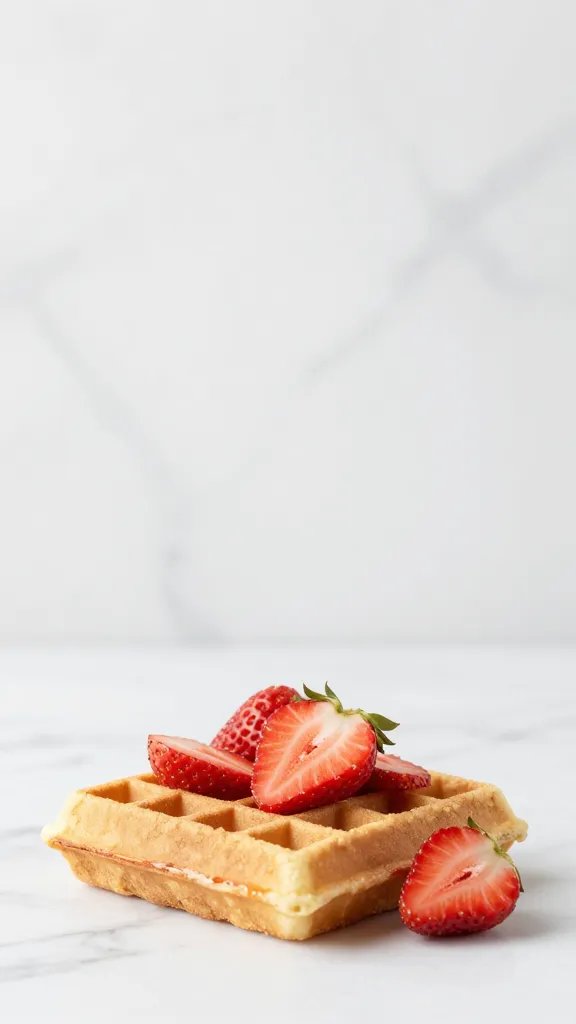 waffle with sliced strawberries, minimal marble backdrop