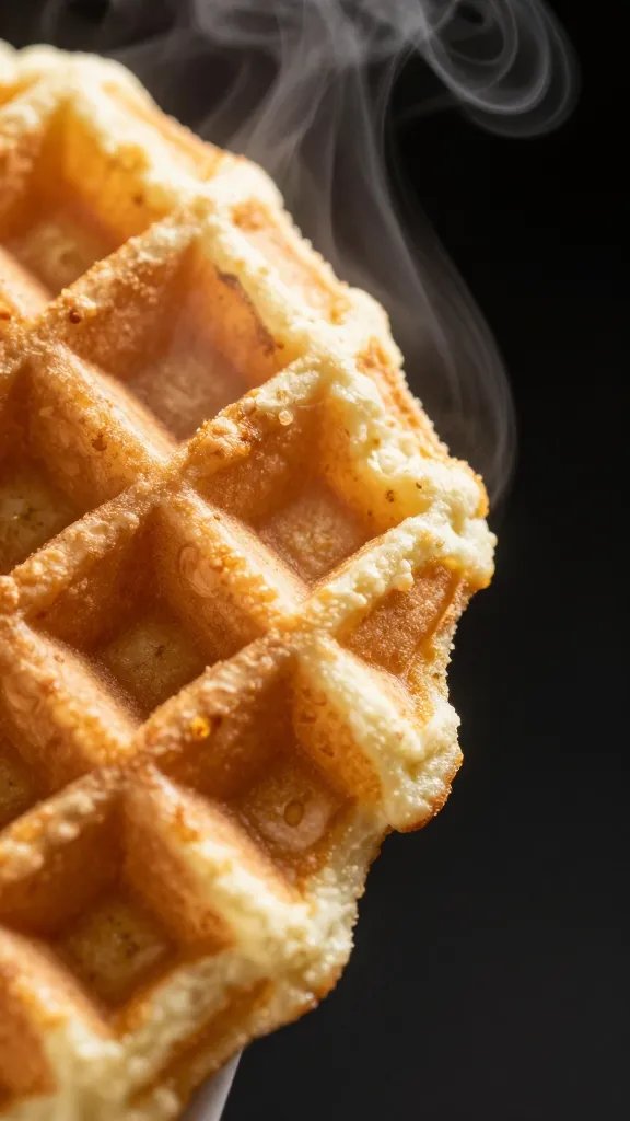 crispy waffle edge detail, steam visible