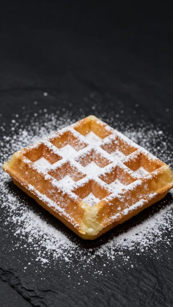 single waffle with powdered sugar dusting, dark backdrop