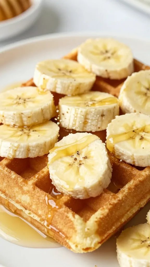 waffle topped with banana coins, drizzle of honey
