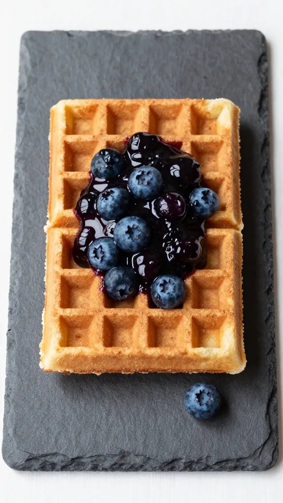 waffle with blueberry compote, slate serving board