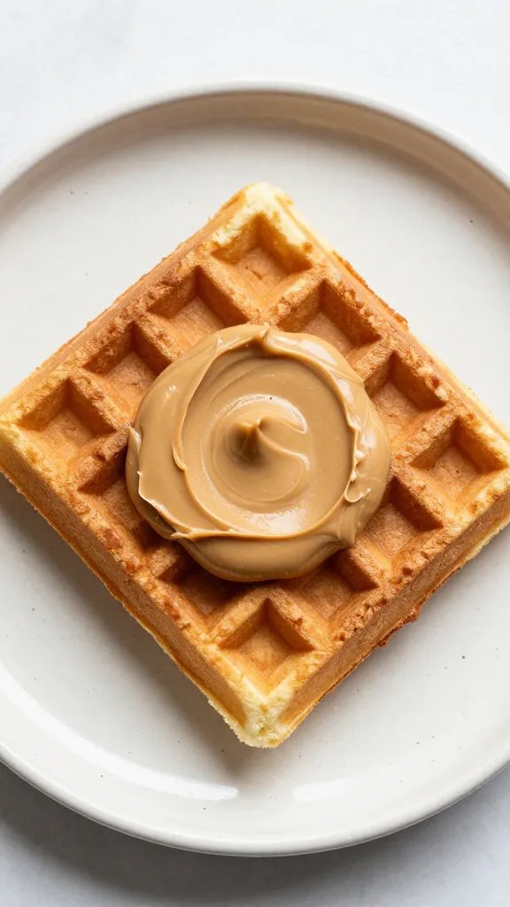 waffle topped with almond butter, speckled stoneware plate