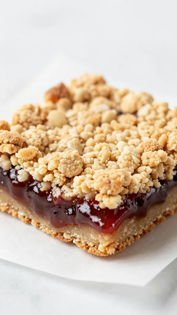 closeup of a single PB&J crumble bar on parchment
