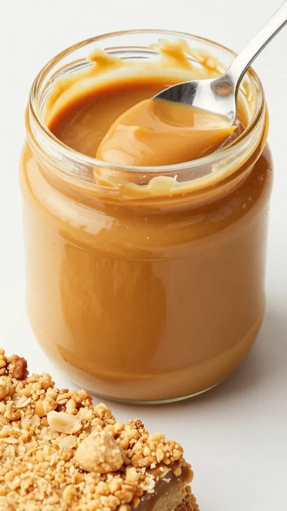 peanut butter jar spoonful, drips over crumble bar corner