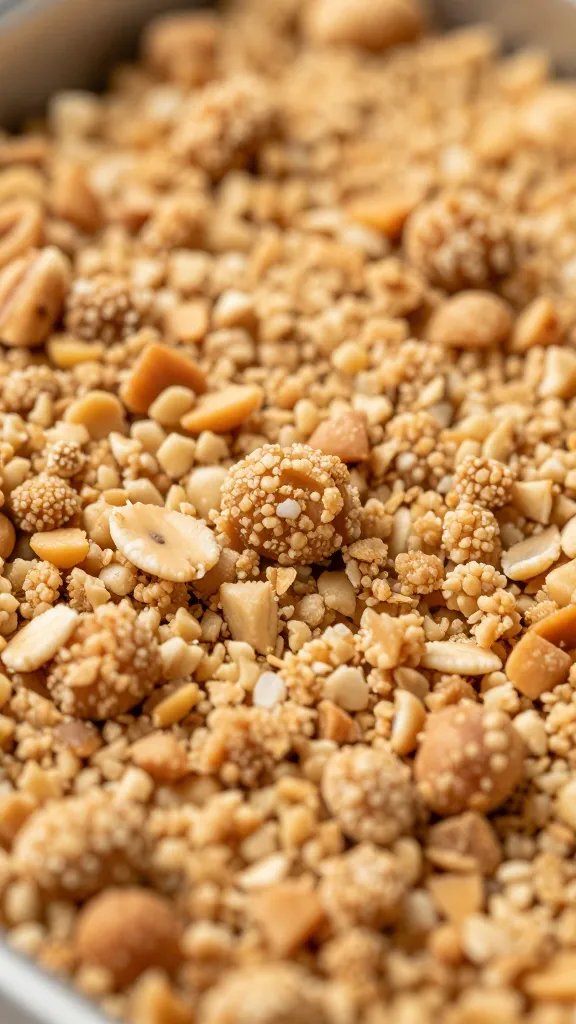 crumbly oat-peanut topping macro on bar surface