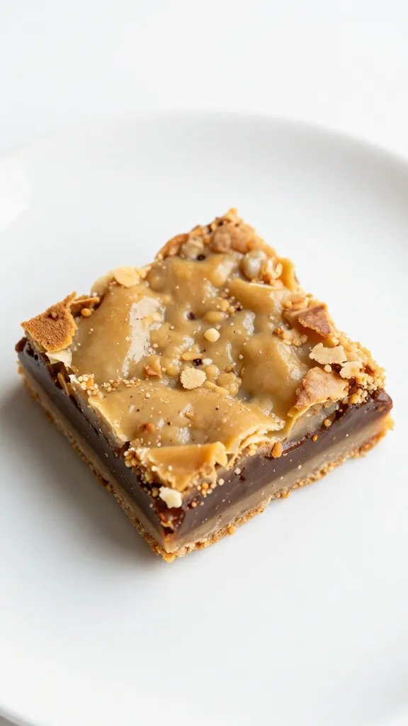 square PB&J bar on white plate with soft crumbs