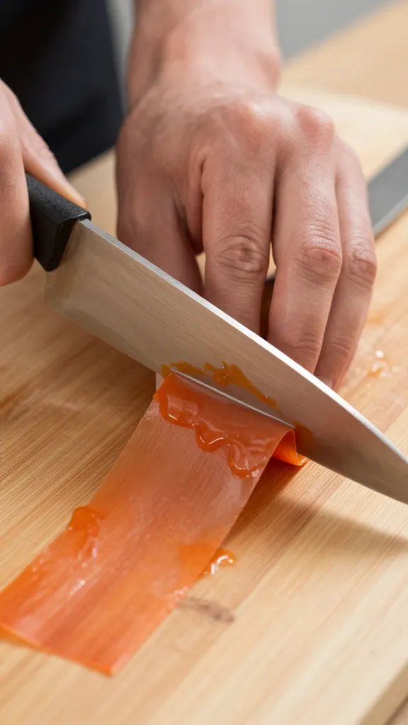 knife slicing through bar, clean jam ribbon revealed