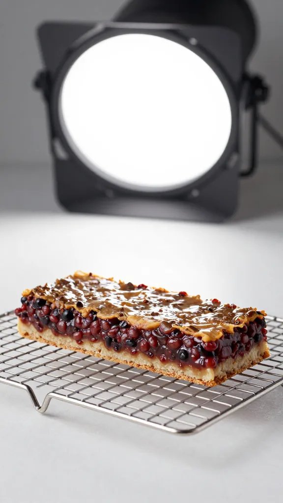 one PB&J bar on cooling rack, studio light