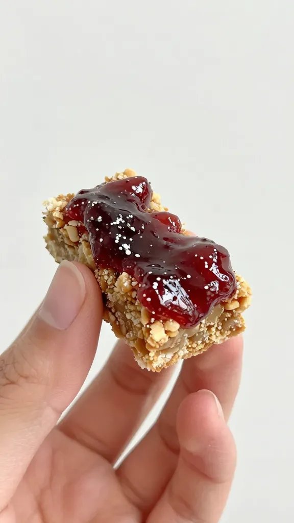 handheld PB&J crumble bar bite, sticky jam pull