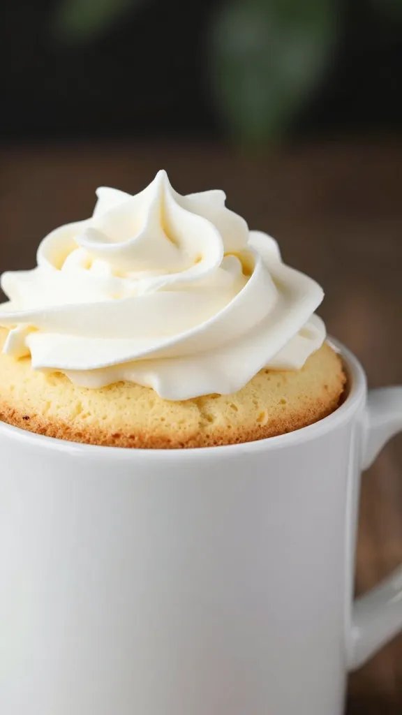 vanilla birthday mug cake in white ceramic mug, closeup
