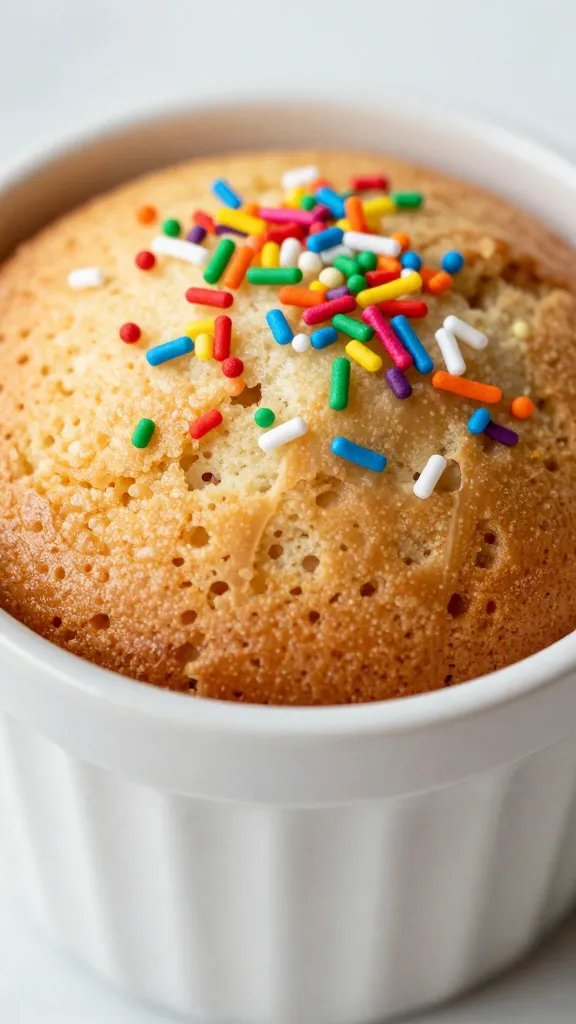 warm mug cake topped with rainbow sprinkles, closeup