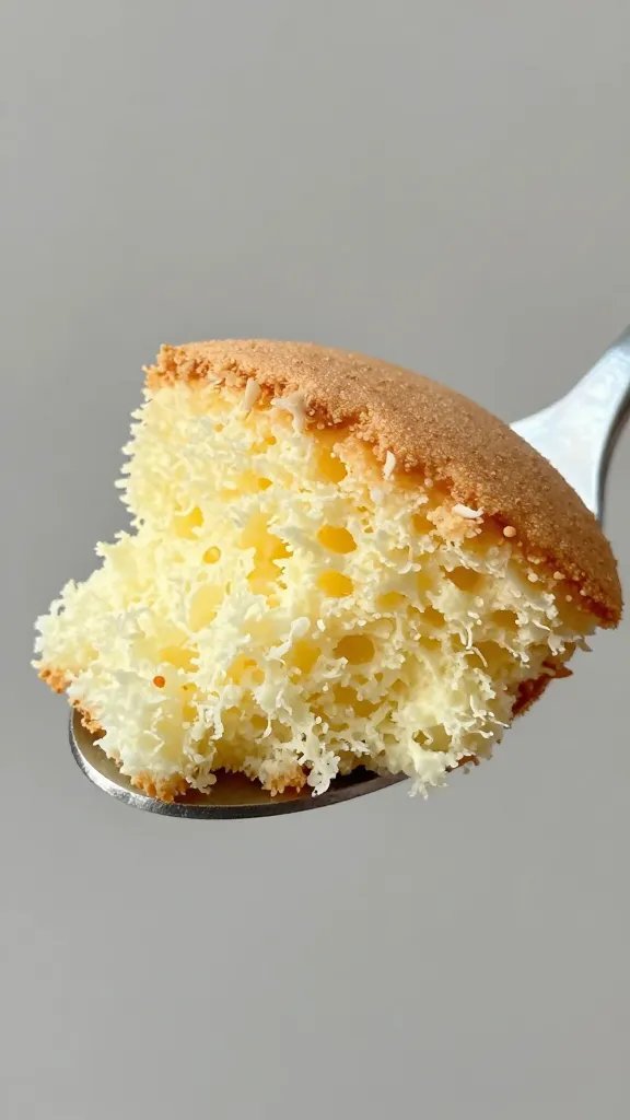 fluffy mug cake crumb texture on spoon, macro