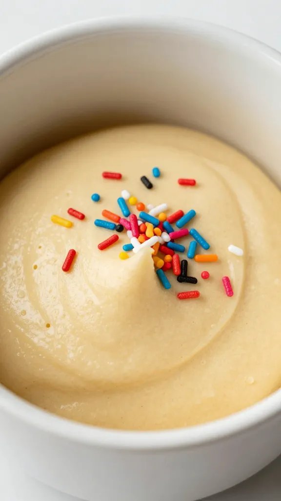 uncooked mug cake batter in mug with sprinkles, closeup