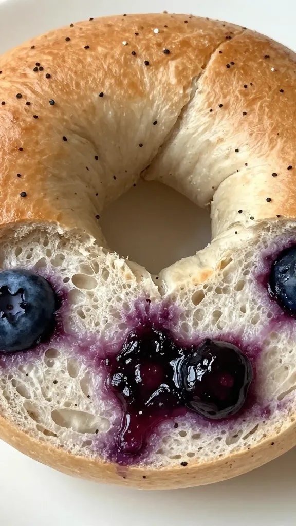 closeup blueberry bagel cross-section showing jammy blueberries